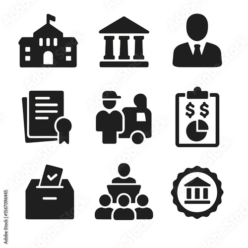 Provincial Administration Icons. Solid, filled icon set of Provincial administration: city hall, courthouse, governor, official