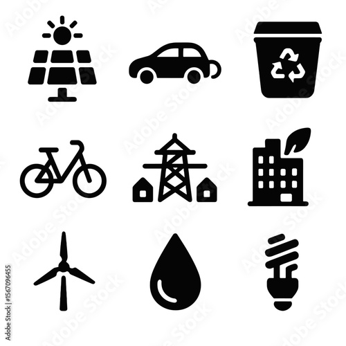 Sustainable Urban Icons. Solid, filled icon set of sustainable urban solutions: solar panel, electric car, bike sharing, recycling