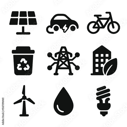 Sustainable Urban Icons. Solid, filled icon set of sustainable urban solutions: solar panel, electric car, bike sharing, recycling