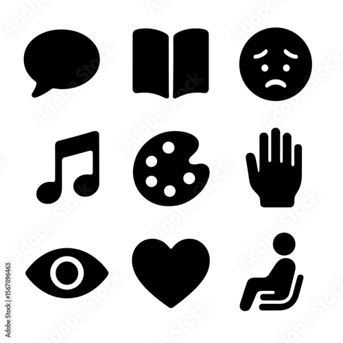 Psychological Icon Set. Solid, filled icon set of psychological expression channels: speech bubble, journal, crying face, music