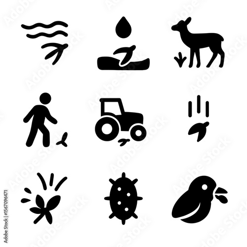 Weed Seed Dispersal Icons. Solid, filled icon set of weed seed dispersal methods: wind, water, animals, humans, machinery, gravity