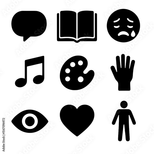Psychological Icon Set. Solid, filled icon set of psychological expression channels: speech bubble, journal, crying face, music