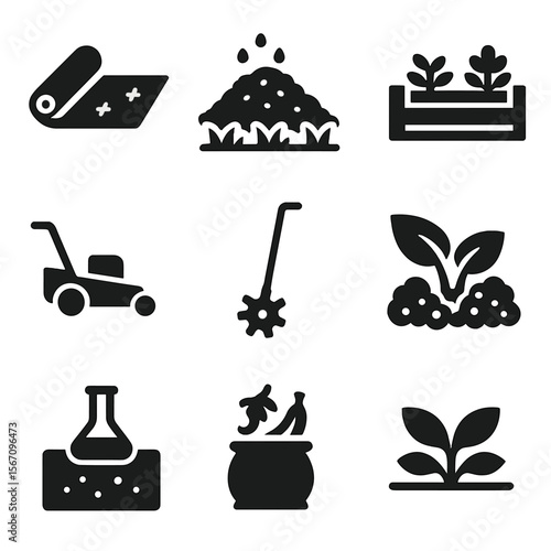 Weed Control Icons. Solid, filled icon set of weed prevention methods: landscape fabric, mulching, raised bed, crop rotation,