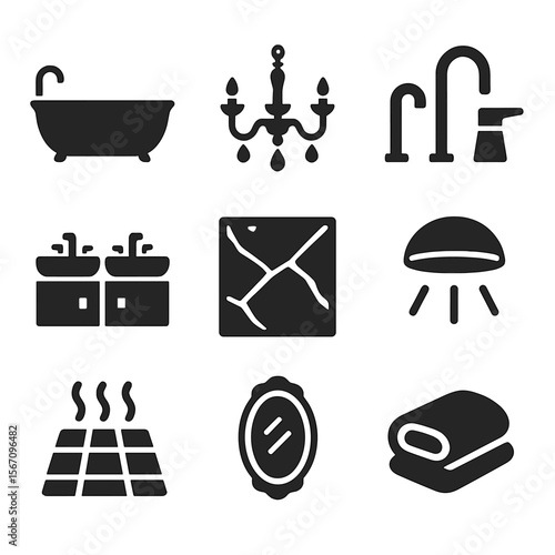 Luxury Bathroom Icons. Solid, filled icons set of luxury bathroom features: freestanding tub, chandelier light