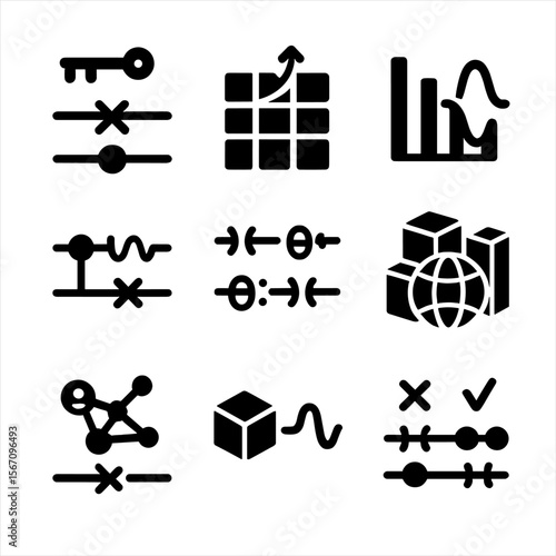 Quantum Algorithm Icons. Solid, filled icon set of quantum computing algorithms: Shor’s algorithm, Grover’s search, quantum