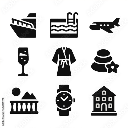 Luxury Escape Icons. Solid, filled icons set of luxury escape experiences: yacht deck, infinity pool, private