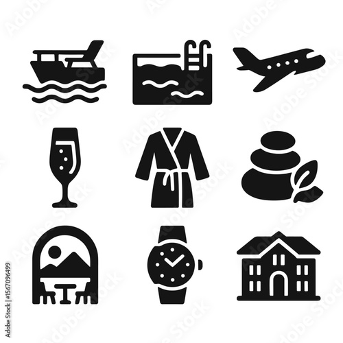 Luxury Escape Icons. Solid, filled icons set of luxury escape experiences: yacht deck, infinity pool, private