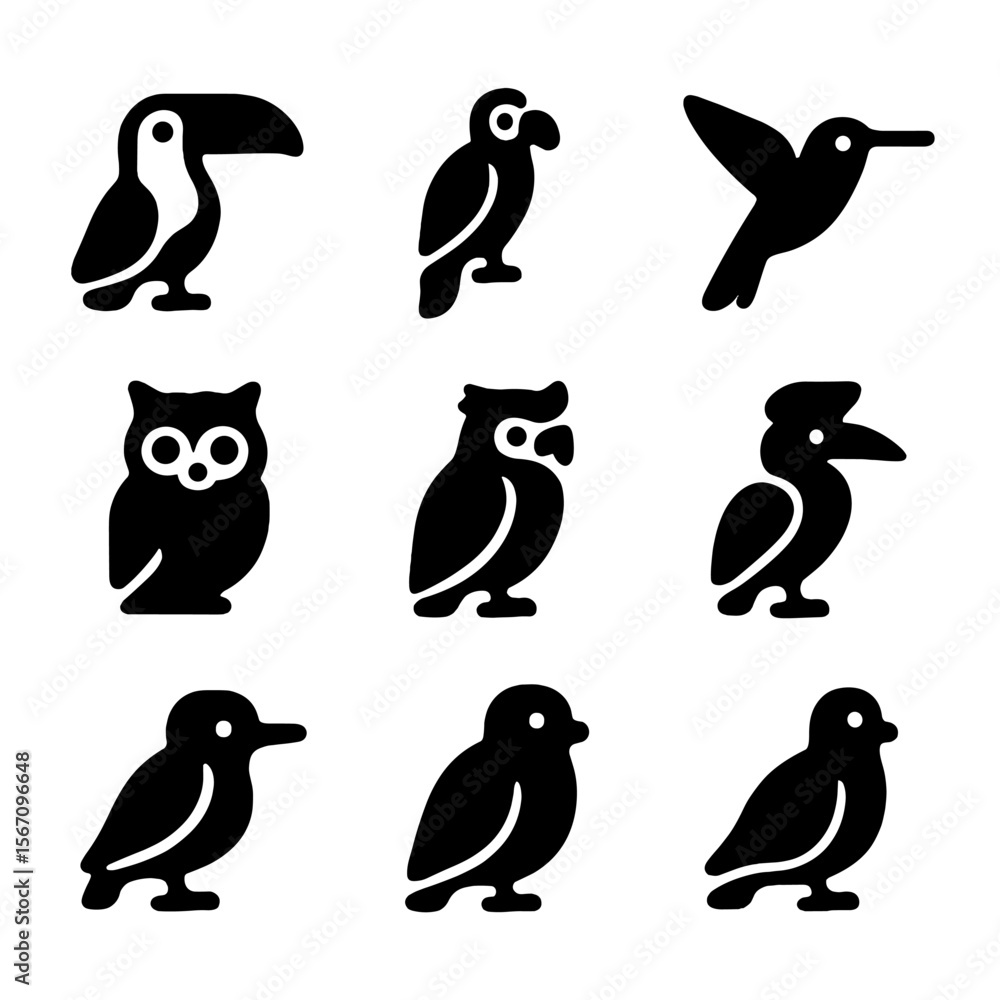 Naklejka premium Rainforest Bird Icons. Solid, filled icon set of rainforest birds: toucan, macaw, hummingbird, owl, harpy eagle, hornbill,