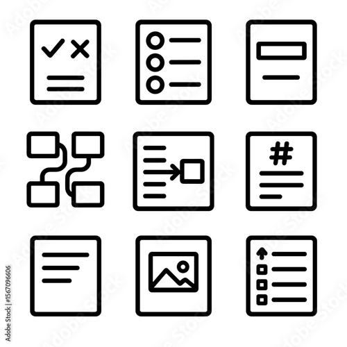 Quiz Icon Set. Solid, filled icon set of quiz question types: true/false, multiple choice, fill in blank, matching pairs, drag and