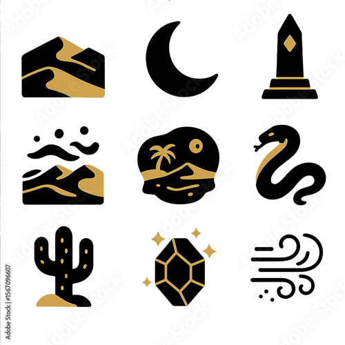 Magical Desert Icons. Solid, filled icons set of magical desert realms: golden dunes, crescent moon, ancient