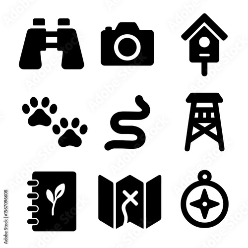 Wildlife Observation Icons. Solid, filled icon set of wildlife observation: binoculars, camera, footprints, birdhouse, trail,