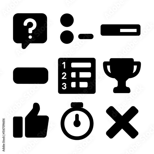 Quiz Interface Icons. Solid, filled icon set of quiz interface elements: question bubble, radio buttons, progress bar, submit