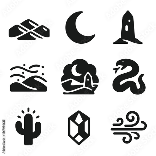Magical Desert Icons. Solid, filled icons set of magical desert realms: golden dunes, crescent moon, ancient