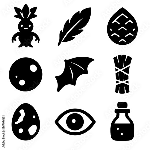 Magical Ingredients Icons. Solid, filled icons set of magical ingredients: mandrake root, phoenix feather,