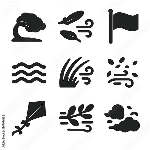 Wind Effects Icons. Solid, filled icon set of wind effects on nature: bending tree, flying bird feathers, fluttering flag, waves