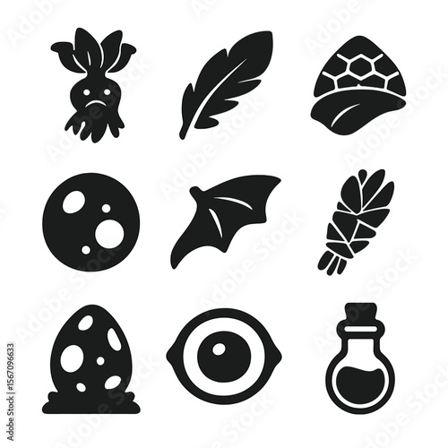 Magical Ingredients Icons. Solid, filled icons set of magical ingredients: mandrake root, phoenix feather,
