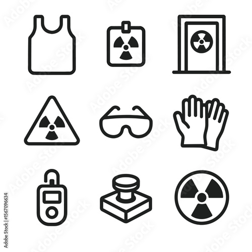 Radiology Safety Icons. Solid, filled icon set of radiology safety: lead apron, radiation badge, shielded room, warning sign,