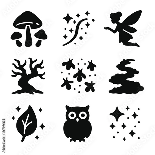 Magical Forest Icons. Solid, filled icons set of a magical forest illuminated by enchanted mushrooms: glowing