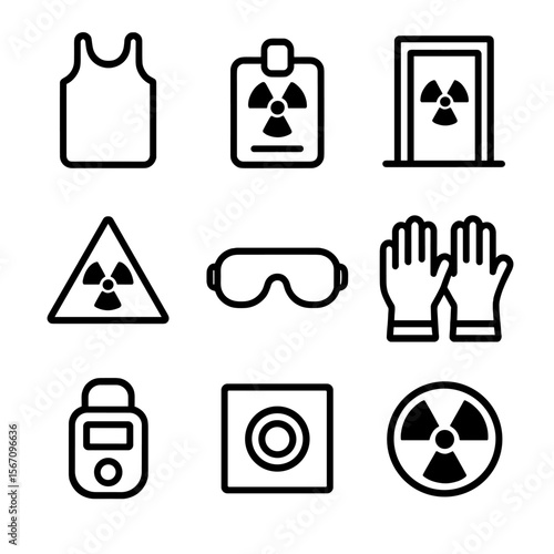 Radiology Safety Icons. Solid, filled icon set of radiology safety: lead apron, radiation badge, shielded room, warning sign,