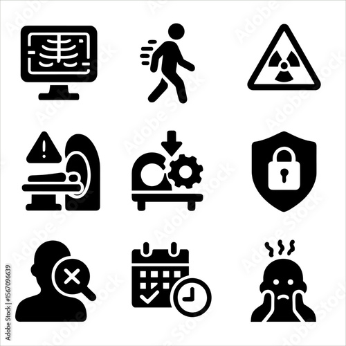 Radiology Challenges Icons. Solid, filled icon set of radiology challenges: image artifacts, patient movement, radiation exposure,