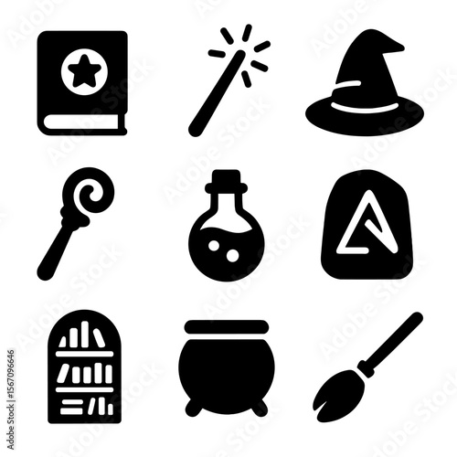 Magical School Icons. Solid, filled icons set of magical school and training: spellbook, wand icon, wizard hat