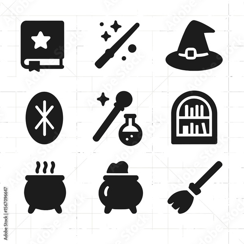 Magical School Icons. Solid, filled icons set of magical school and training: spellbook, wand icon, wizard hat
