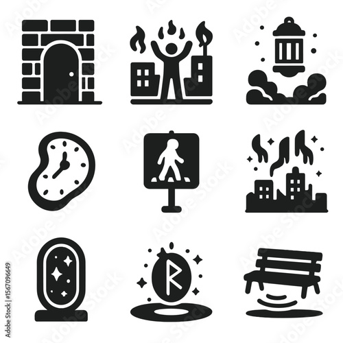 Magical Realism Icons. Solid, filled icons set of magical realism in cities: hidden door alley, rooftop