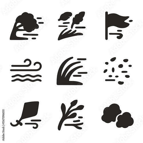 Wind Effects Icons. Solid, filled icon set of wind effects on nature: bending tree, flying bird feathers, fluttering flag, waves