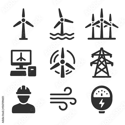 Wind Energy Icons. Solid, filled icon set of wind energy projects: wind turbine, offshore windmill, wind farm, control center,