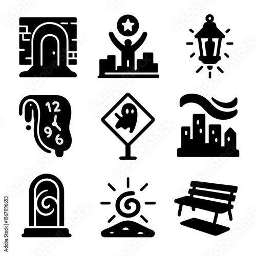 Magical Realism Icons. Solid, filled icons set of magical realism in cities: hidden door alley, rooftop