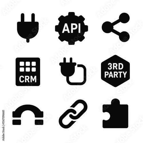 System Integration Icons. Solid, filled icon set of system integrations: plug icon, API gear, app connector, CRM logo, CMS plugin,