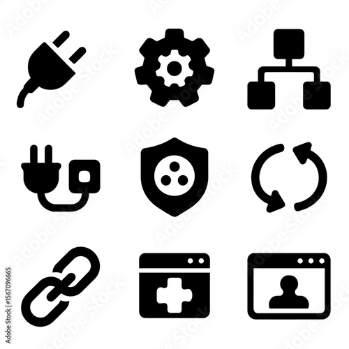 System Integration Icons. Solid, filled icon set of system integrations: plug icon, API gear, app connector, CRM logo, CMS plugin,