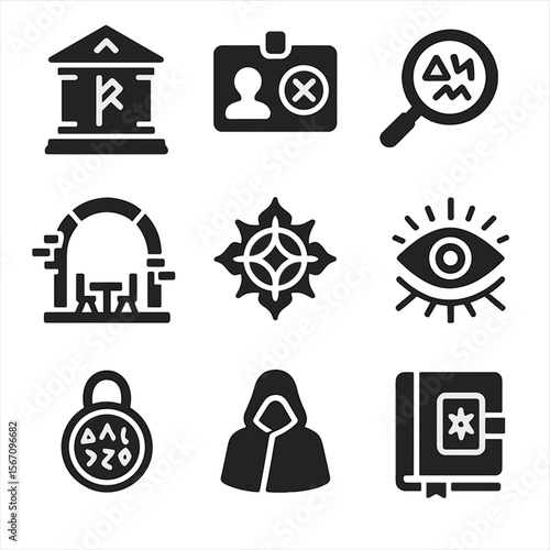 Magical Society Icons. Solid, filled icons set of secret magical societies in cities: rune-marked building,