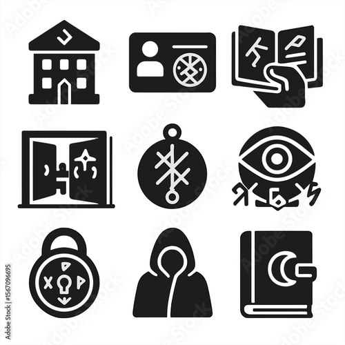 Magical Society Icons. Solid, filled icons set of secret magical societies in cities: rune-marked building,