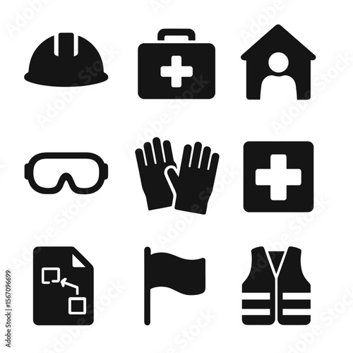 Wind Safety Icons. Solid, filled icon set of wind safety measures: helmet, emergency kit, shelter, safety goggles, protective