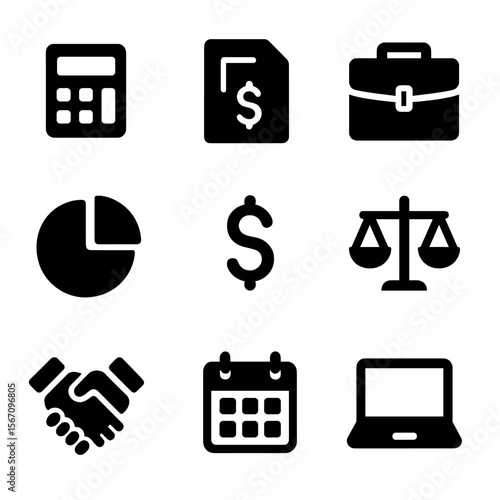 Tax Law Icons. Solid, filled icon set of tax law consultations and financial planning: calculator, tax document, briefcase, pie