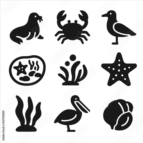 Marine Animal Icons. Solid, filled icons set of coastal and marine seasonal animals: seal, crab, seagull, tide