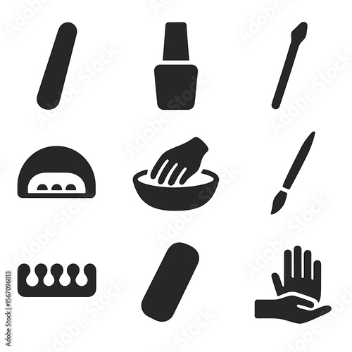 Manicure Icons Grid. Solid, filled icons set of nail care and manicure services: nail file, polish bottle,