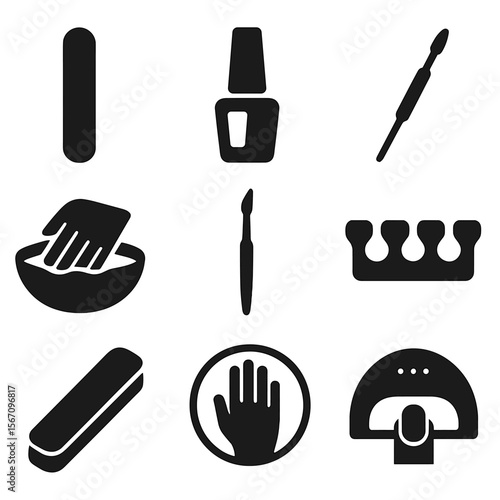 Manicure Icons Grid. Solid, filled icons set of nail care and manicure services: nail file, polish bottle,