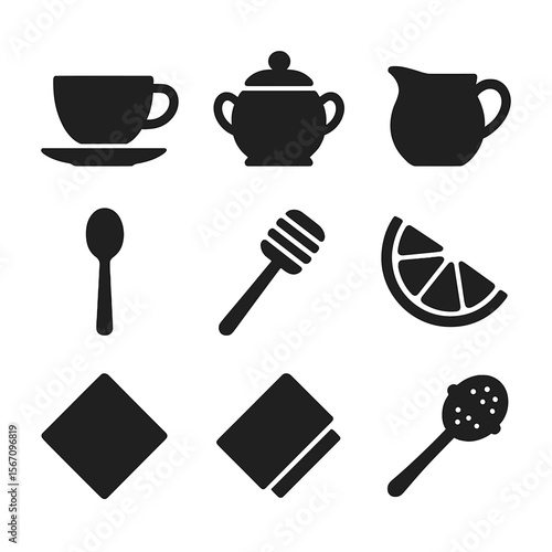 Tea Accessories Icons. Solid, filled icon set of tea-drinking accessories: teacup, saucer, sugar bowl, creamer, teaspoon, honey