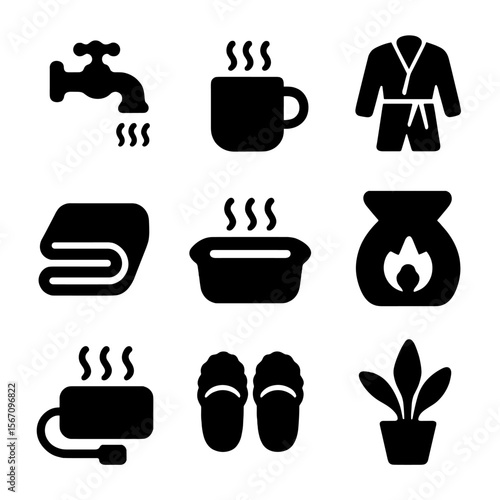 Winter Bath Essentials Icons. Solid, filled icon set of winter bathing comforts: hot water tap, steaming mug, bathrobe, thick