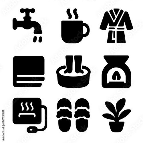 Winter Bath Essentials Icons. Solid, filled icon set of winter bathing comforts: hot water tap, steaming mug, bathrobe, thick