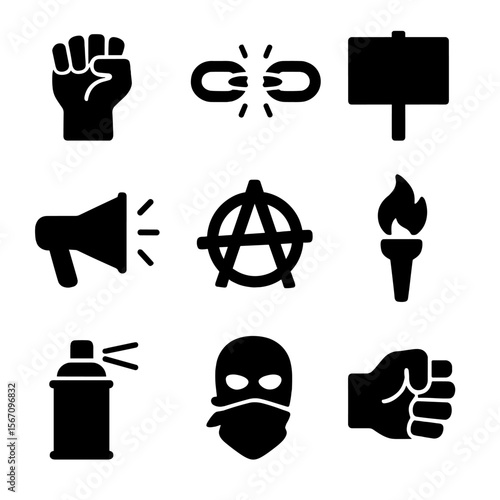 Rebellion Symbol Icons. Solid, filled icon set of rebellion symbols: raised fist, broken chains, protest sign, megaphone, graffiti