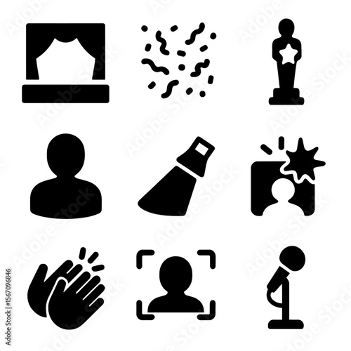 Recognition Ceremony Icons. Solid, filled icon set of recognition ceremony: stage, confetti, award statue, recipient icon,