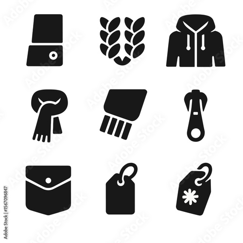 Winter Fashion Icons. Solid, filled icon set of winter fashion details: buttoned cuff, wool texture, collar up, hood strings,