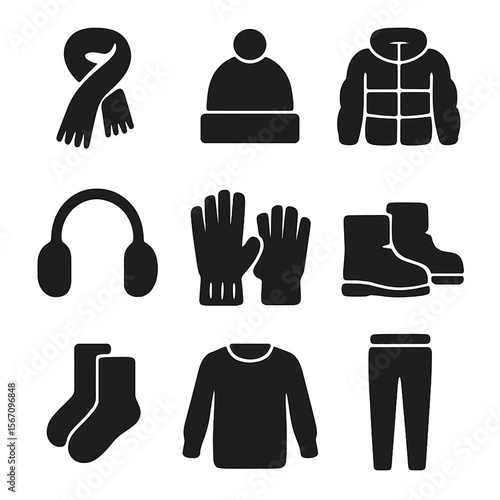 Winter Fashion Icons. Solid, filled icon set of winter fashion essentials: wool scarf, beanie hat, puffer jacket, earmuffs, winter