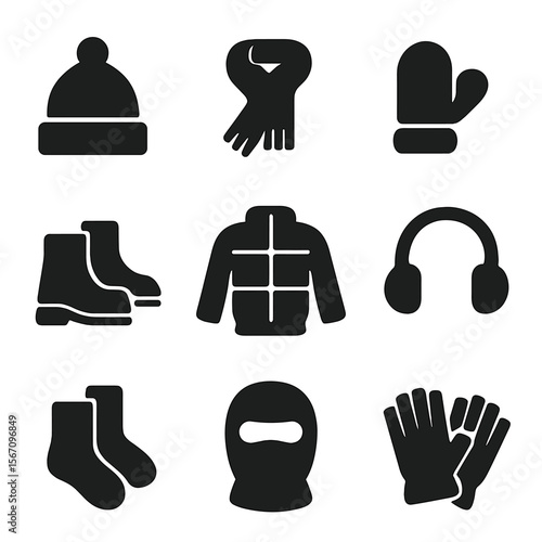 Winter Clothing Icons. Solid, filled icon set of winter clothing: beanie hat, scarf, mittens, winter boots, puffer jacket,