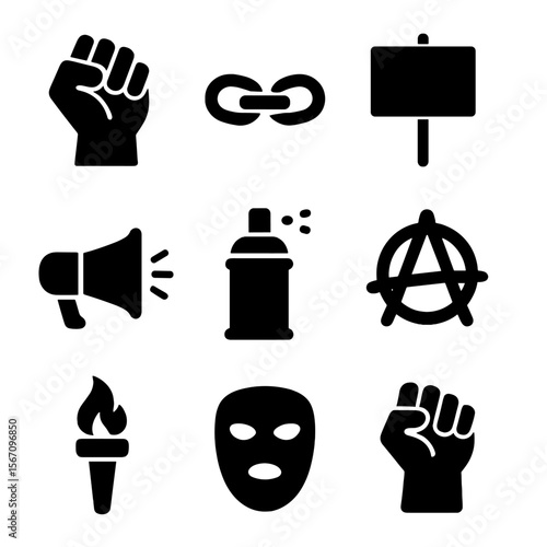 Rebellion Symbol Icons. Solid, filled icon set of rebellion symbols: raised fist, broken chains, protest sign, megaphone, graffiti