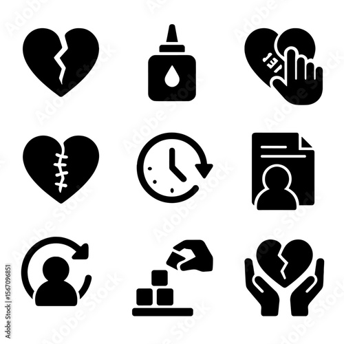Rebuilding Trust Icons. Solid, filled icon set of rebuilding broken trust: cracked heart, glue bottle, mending hand, stitched bond