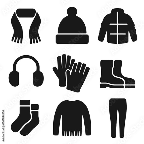 Winter Fashion Icons. Solid, filled icon set of winter fashion essentials: wool scarf, beanie hat, puffer jacket, earmuffs, winter
